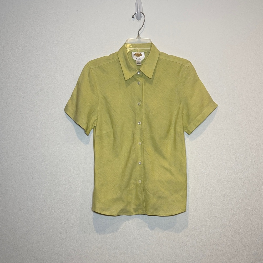 TALBOTS Irish Linen Lime Green Short Sleeve Button-Up Shirt